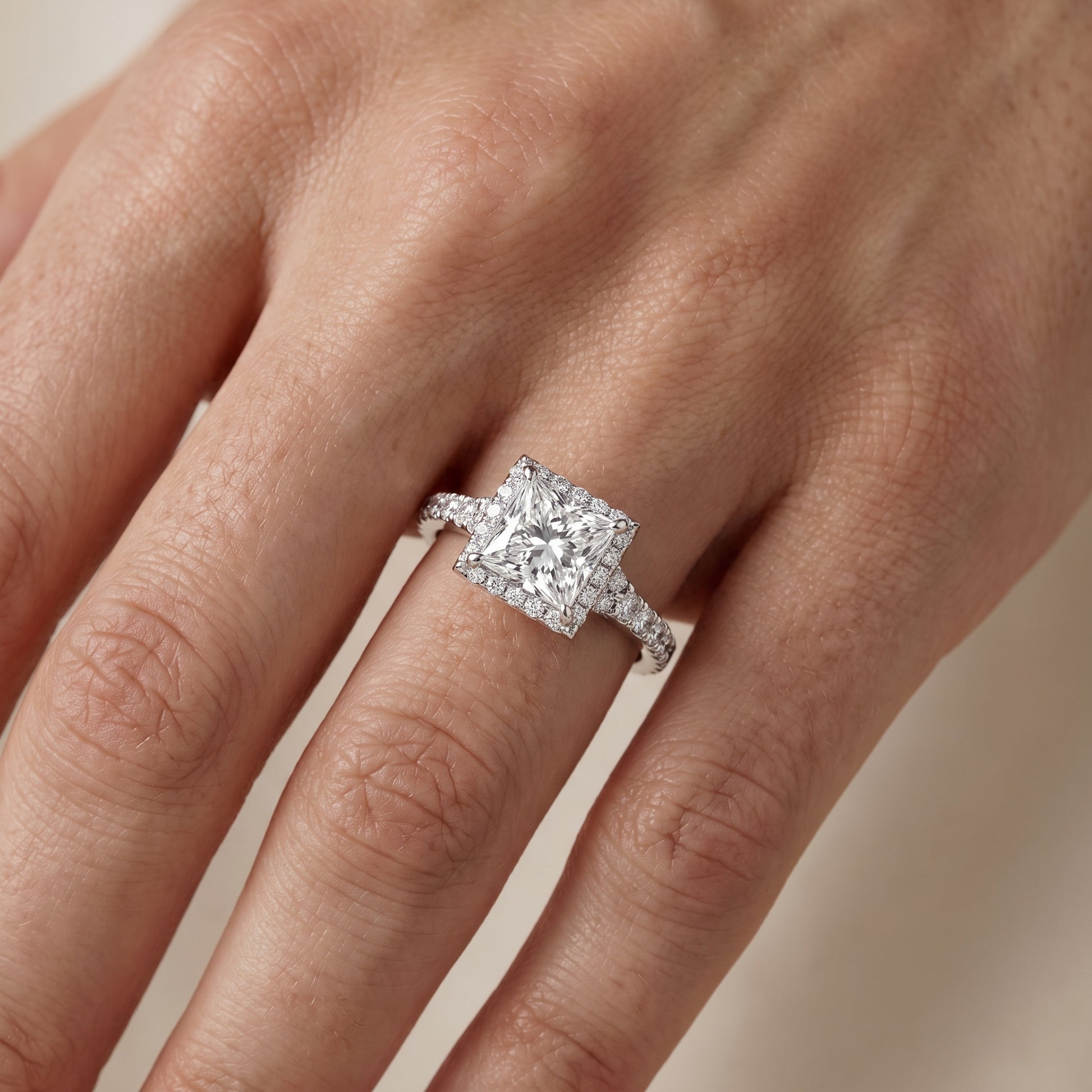 Bella Halo Pavé Princess Diamond Engagement Ring in Platinum - lifestyle.jpg