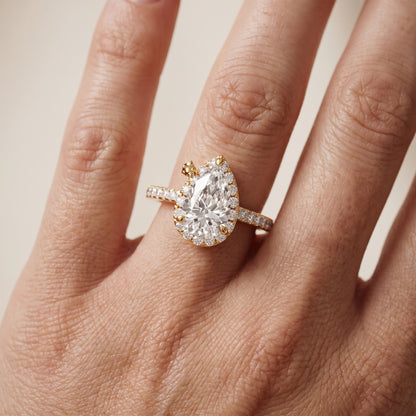 Amara Halo Claw Prong Pear Diamond Ring in Yellow Gold - lifestyle.jpg