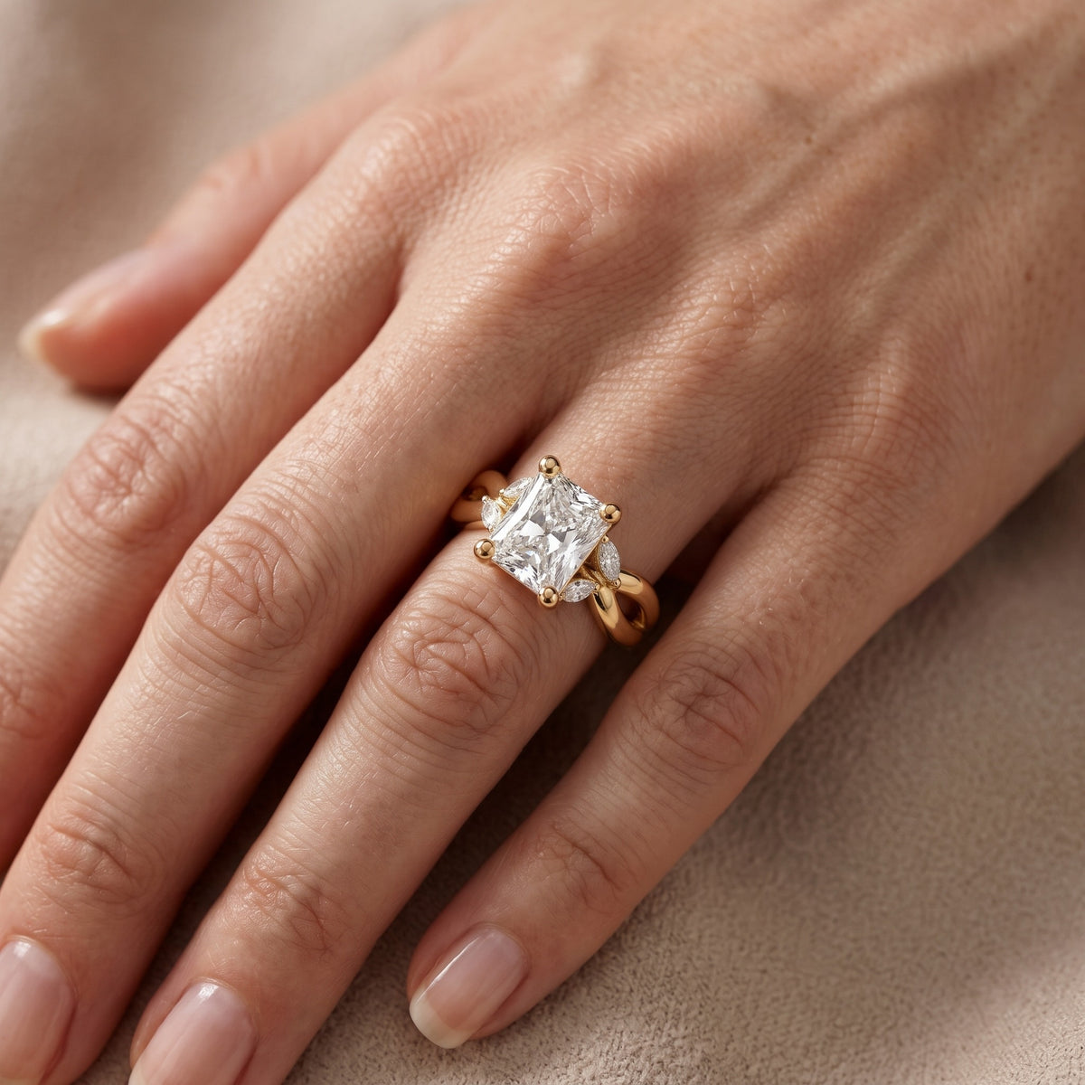 Luna Glow Twisted Radiant Diamond Engagement Ring in Yellow Gold - lifestyle.jpg