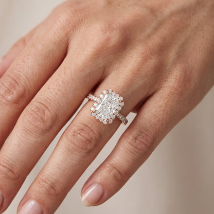 Amara Halo Claw Prong Radiant Diamond Engagement Ring in Rose Gold - lifestyle.jpg
