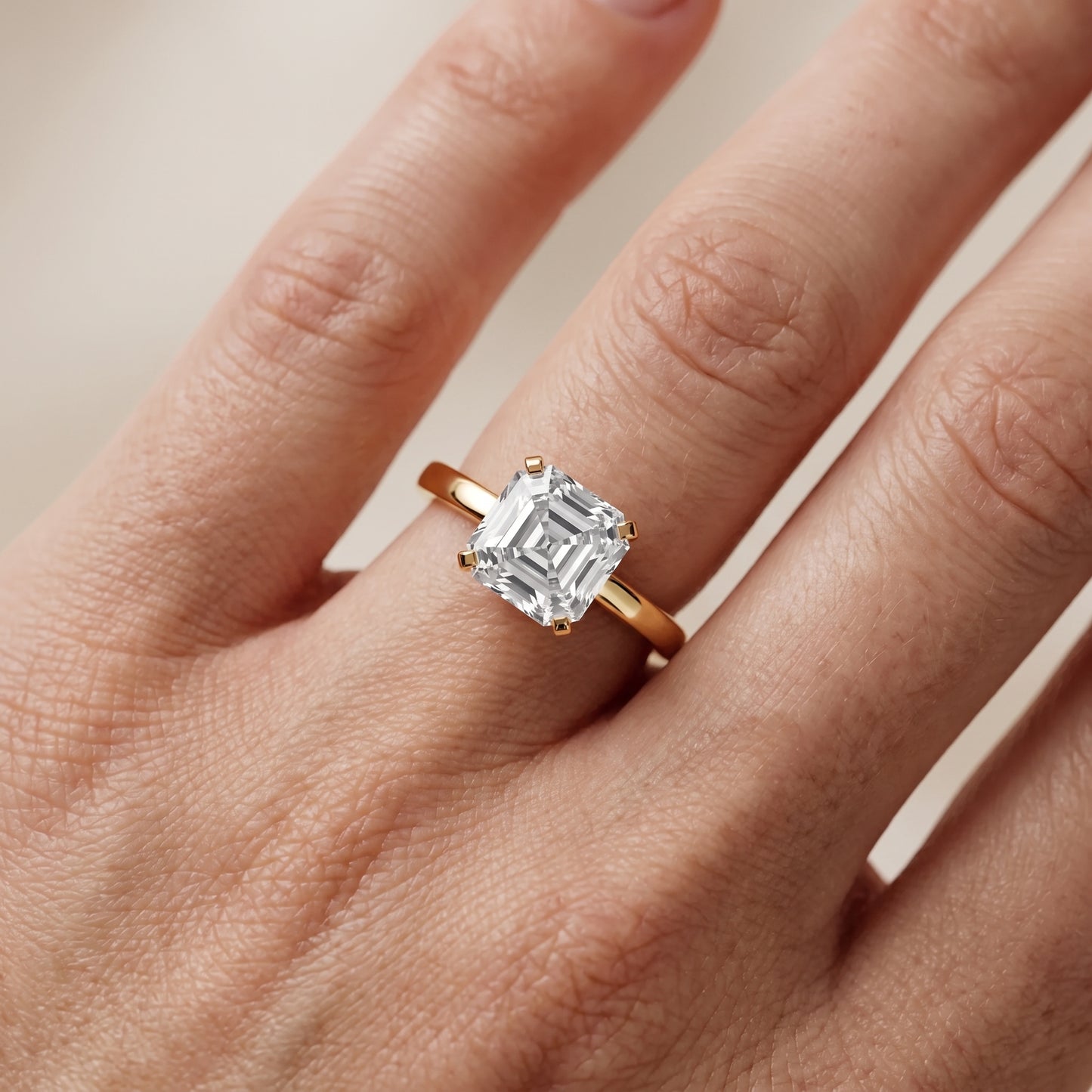 Liana Solitaire Claw Prong Asscher Diamond Engagement Ring in Yellow Gold - lifestyle.jpg