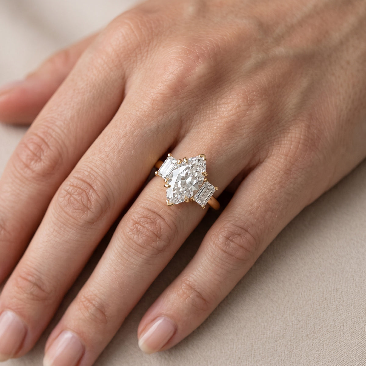 Babette Deco Three-Stone Marquise Diamond Engagement Ring in Platinum - lifestyle.jpg