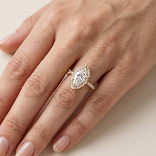 Mabel Halo French Pavé Marquise Diamond Engagement Ring in Yellow Gold - lifestyle.jpg