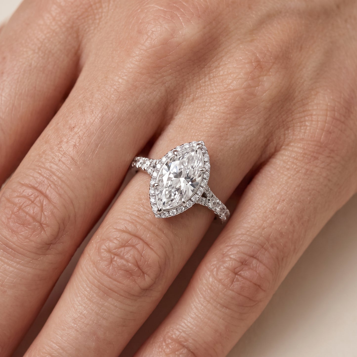 Bella Halo Pavé Marquise Diamond Engagement Ring in Platinum - lifestyle.jpg