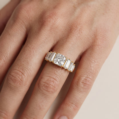 Mara Sidestone Baguette Accent Radiant Diamond Engagement Ring in Yellow Gold - lifestyle.jpg