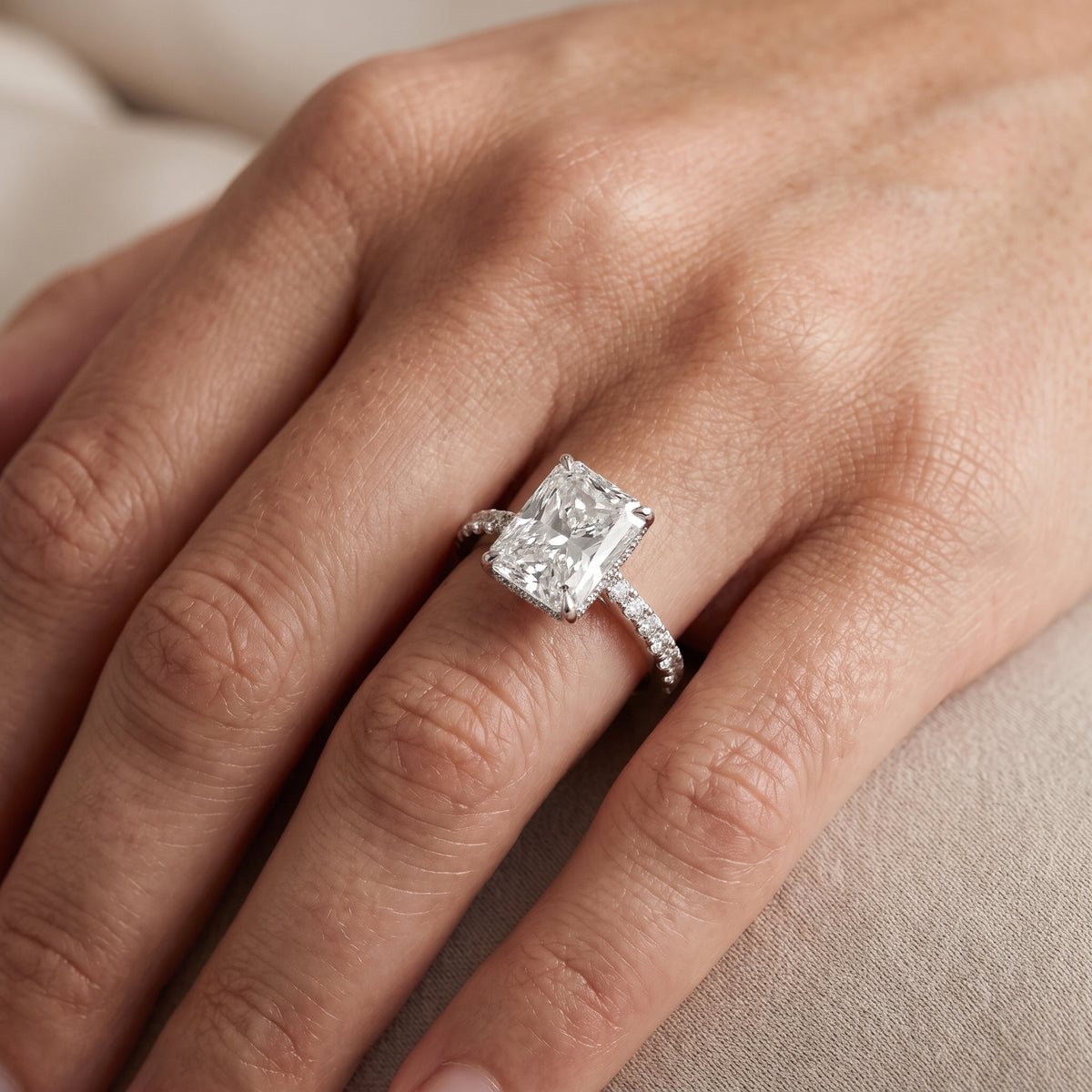 Gia Hidden Halo Pavé Radiant Diamond Engagement Ring in White Gold - lifestyle.jpg