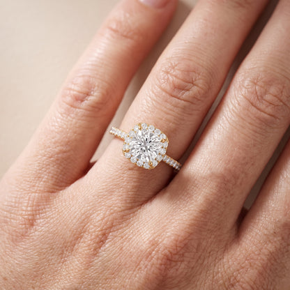 Alma Halo Pavé Cushion Diamond Ring in Yellow Gold - lifestyle.jpg