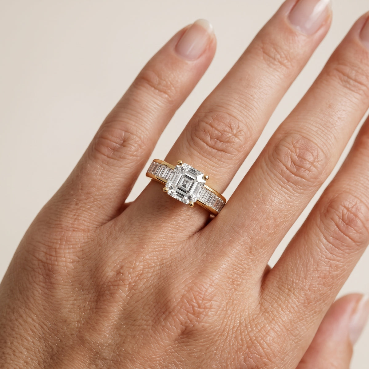 Malibu Wide Band Baguette Asscher Diamond Engagement Ring in Rose Gold - lifestyle.jpg