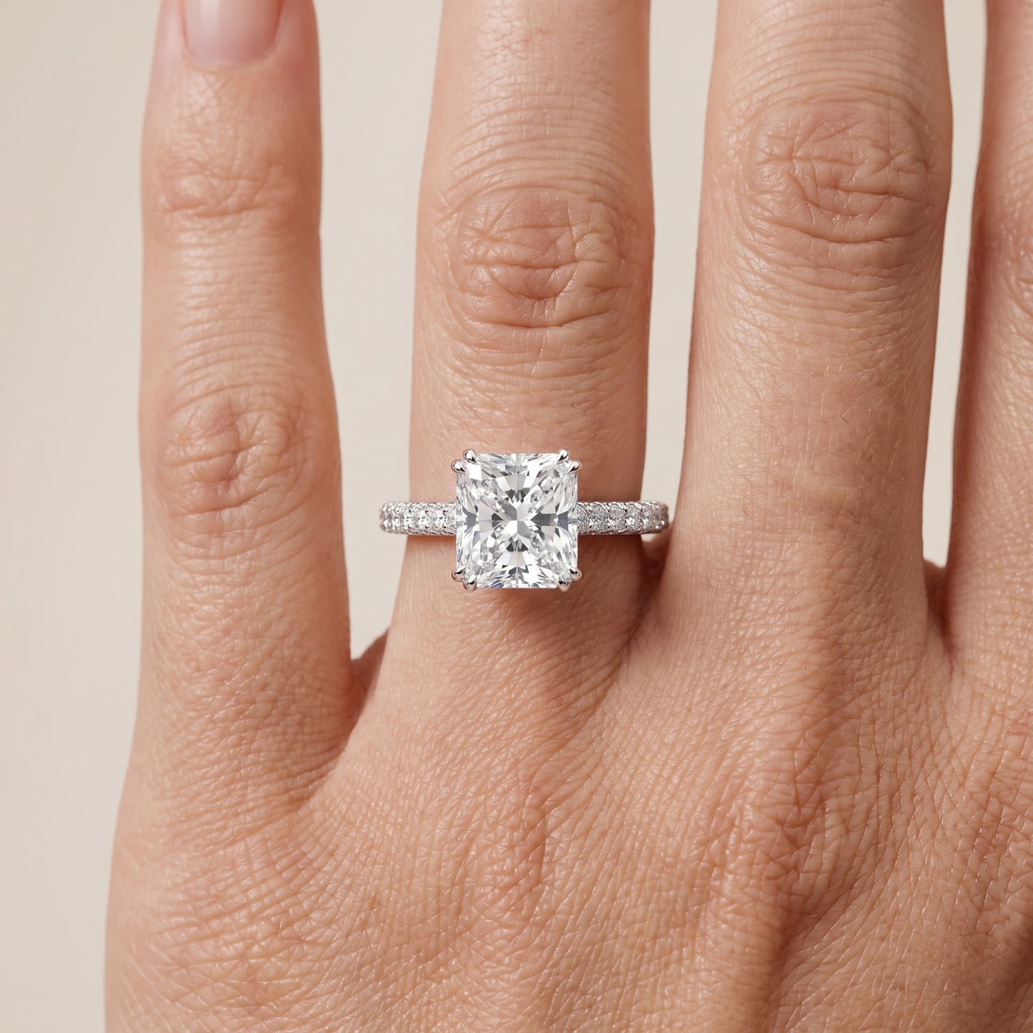 Violet Hidden Halo Pavé Radiant Diamond Ring in Platinum - lifestyle.jpg