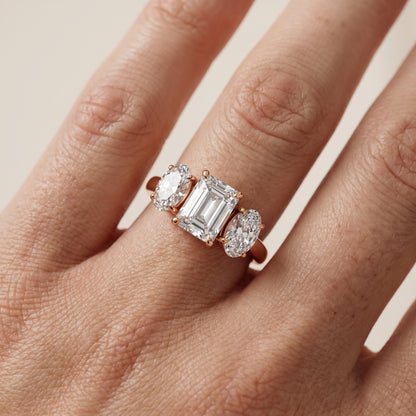 Lila Three-Stone Emerald Diamond Ring in Rose Gold - lifestyle.jpg
