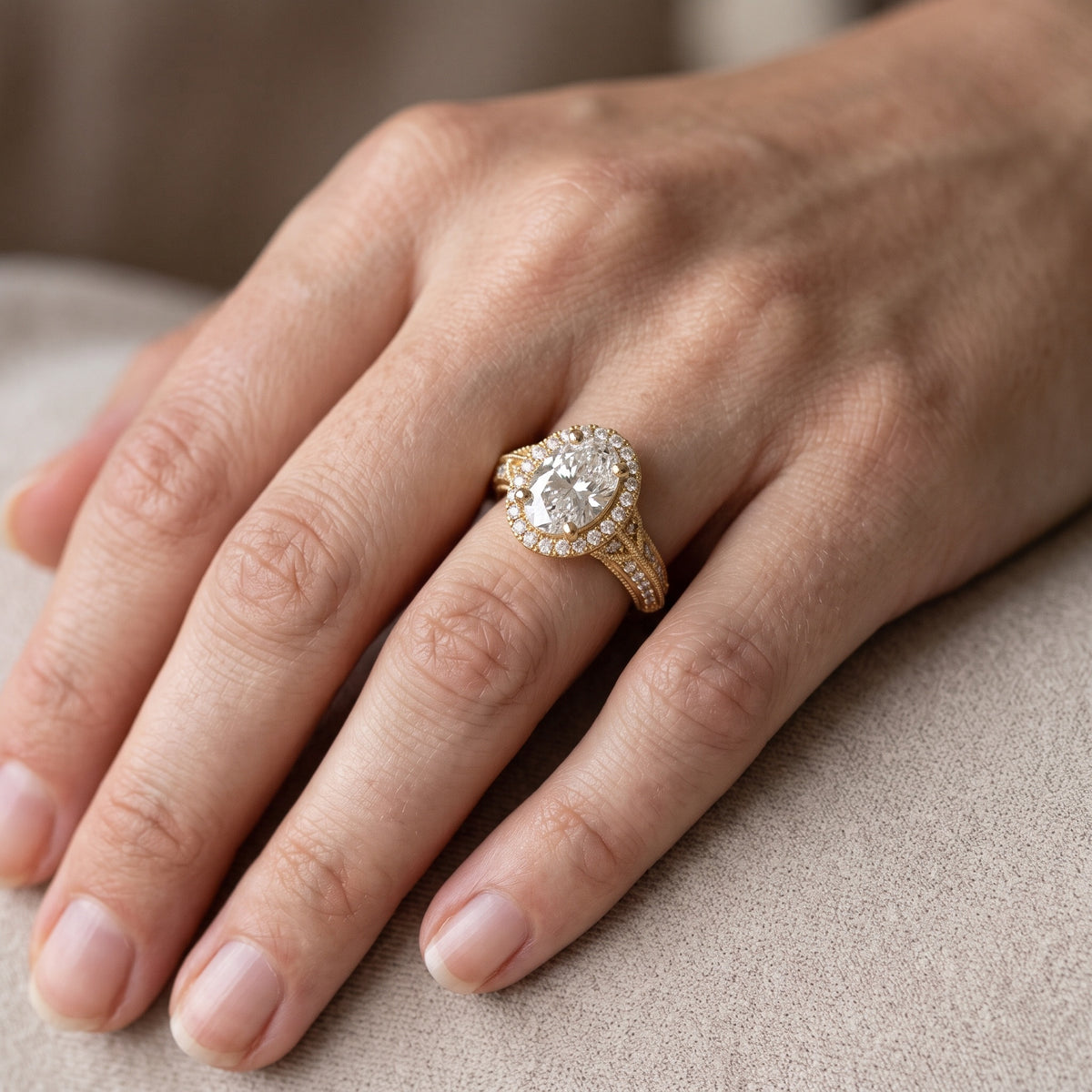 Logan Milgrain Halo Oval Diamond Engagement Ring in White Gold - lifestyle.jpg