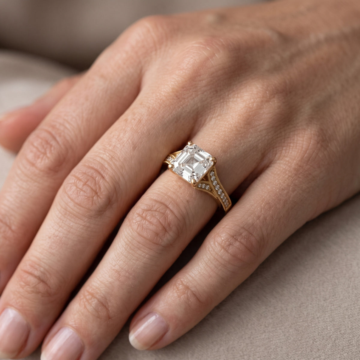 Nara Milgrain Split Shank Asscher Diamond Engagement Ring in White Gold - lifestyle.jpg