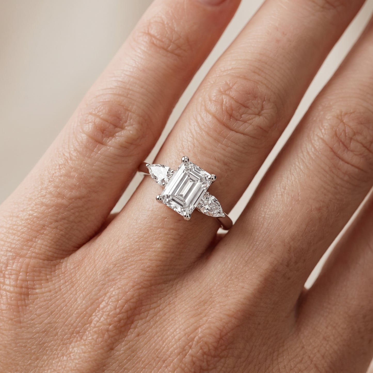 Faye Three-Stone Trellis Emerald Diamond Ring in White Gold - lifestyle.jpg