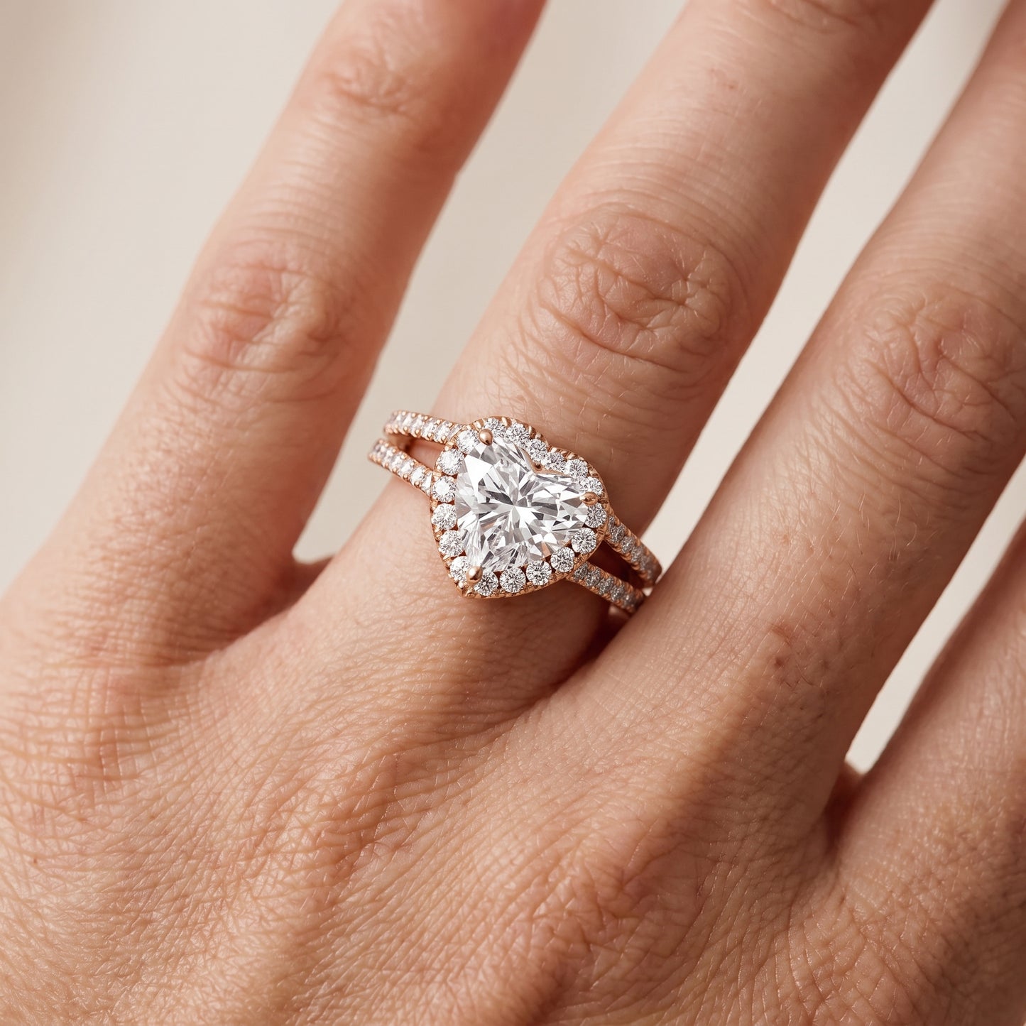 Kira Halo Split Shank Heart Diamond Engagement Ring in Rose Gold - lifestyle.jpg
