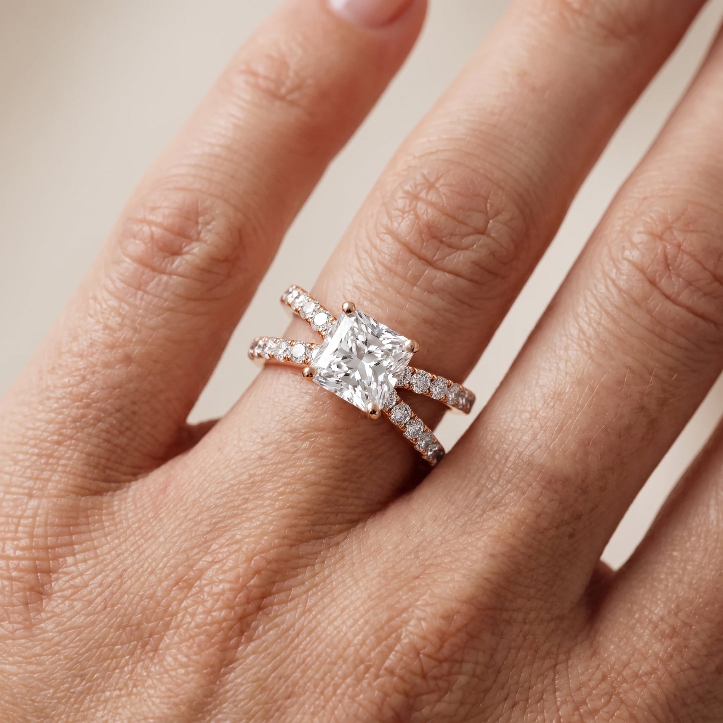 Lior Criss Cross Pavé Radiant Diamond Engagement Ring in Rose Gold - lifestyle.jpg