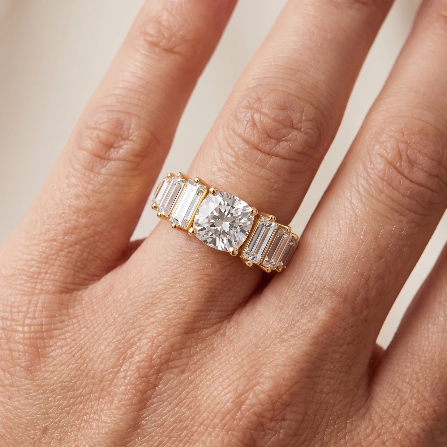 Mara Sidestone Baguette Accent Cushion Diamond Engagement Ring in Yellow Gold - lifestyle.jpg