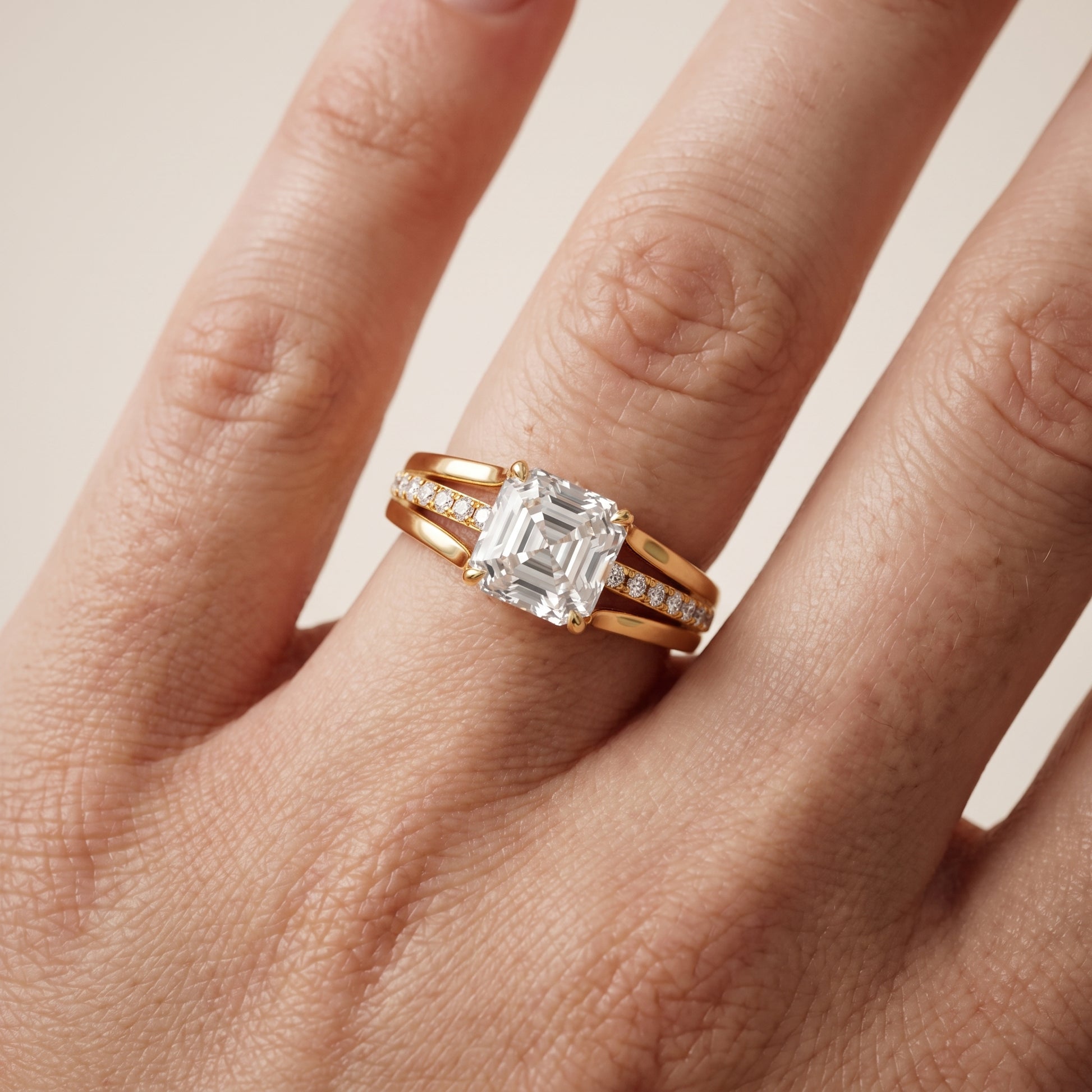 Scarlett Split Shank Pavé Asscher Diamond Ring in Yellow Gold - lifestyle.jpg