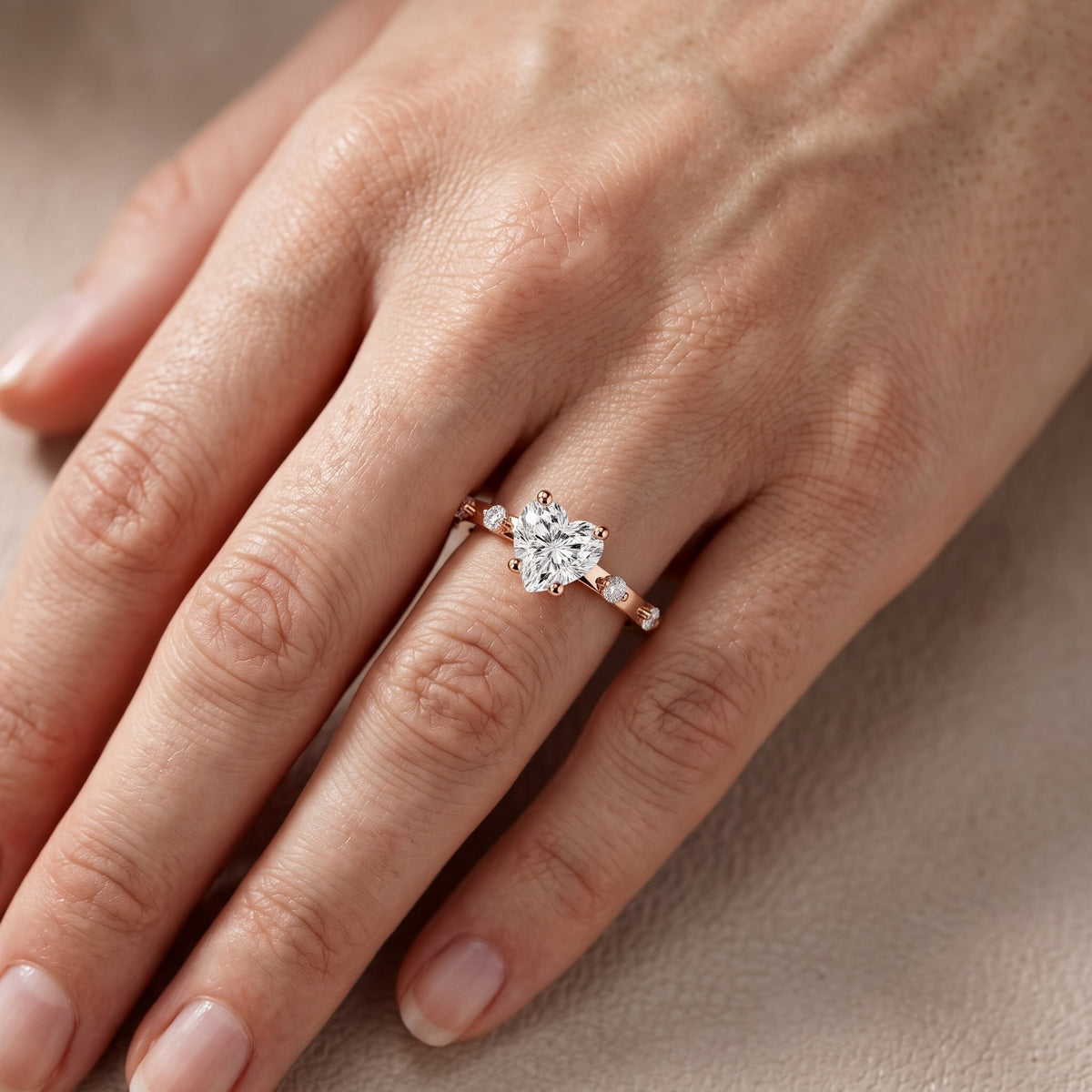 Elena Radiance Solitaire Heart Diamond Engagement Ring in Rose Gold - lifestyle.jpg