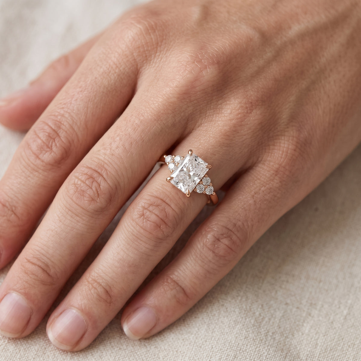 Anya Sidestone Cluster Radiant Diamond Engagement Ring in Rose Gold - lifestyle.jpg