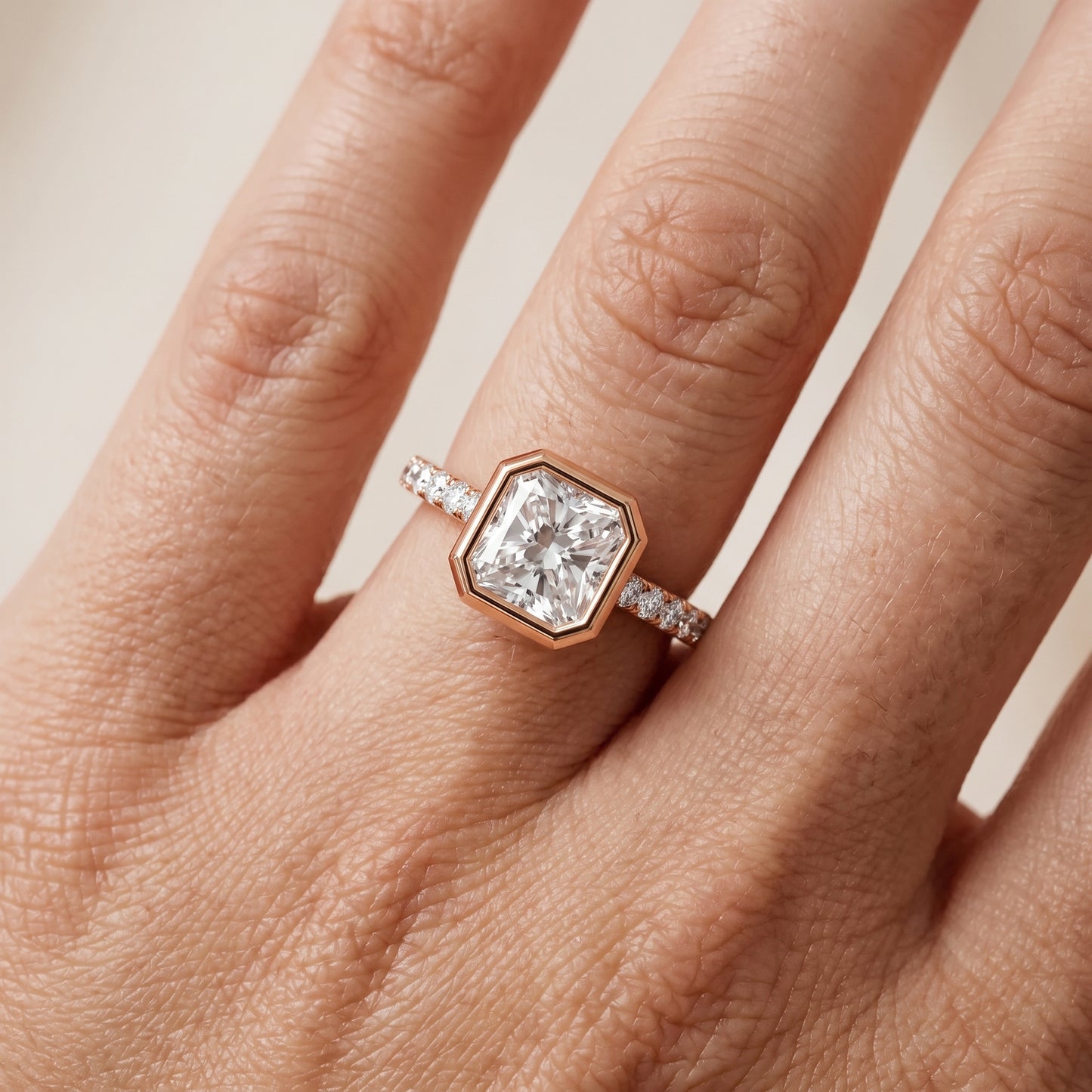 Cora Bezel Pavé Radiant Diamond Ring in Rose Gold - lifestyle.jpg