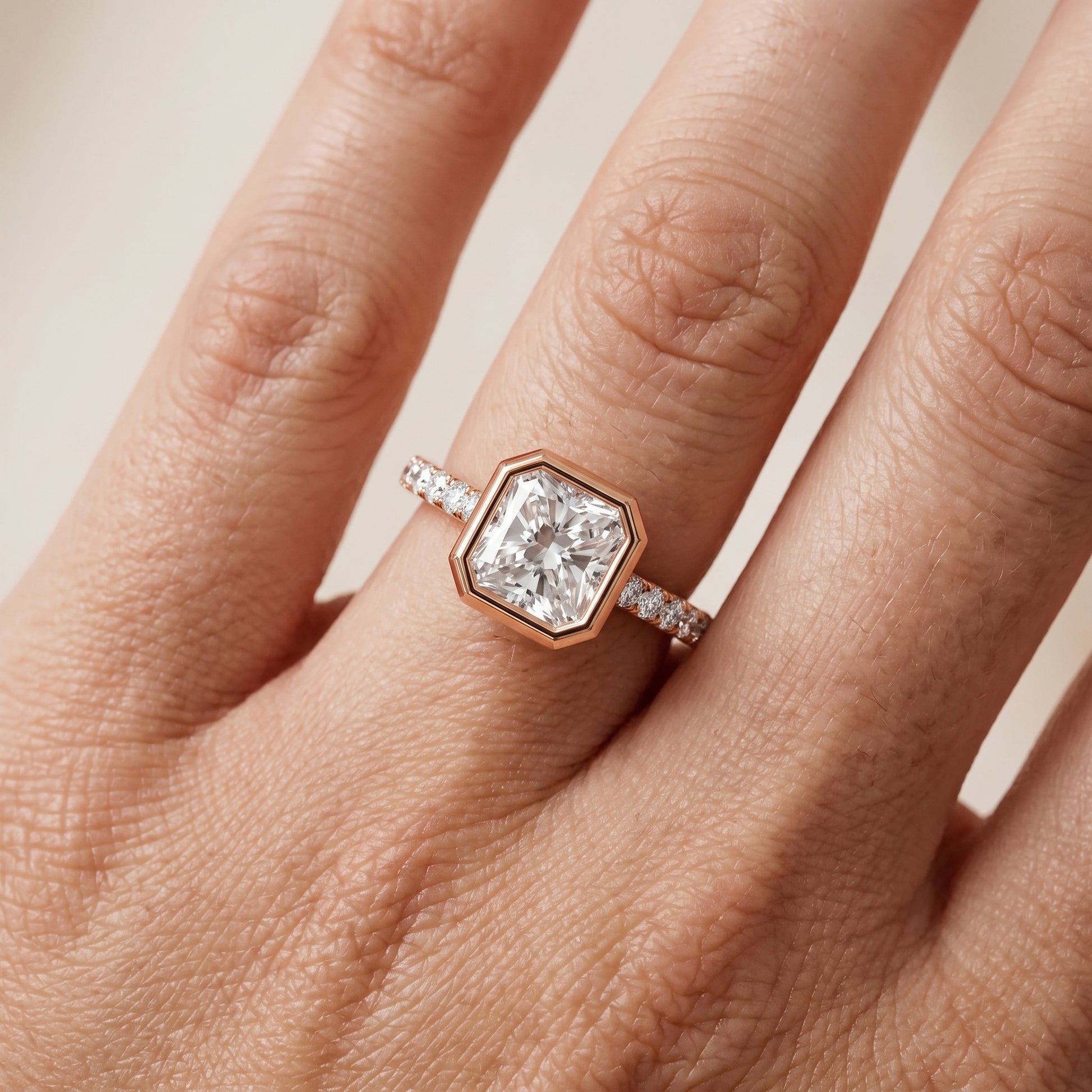 Cora Bezel Pavé Radiant Diamond Ring in Rose Gold - lifestyle.jpg