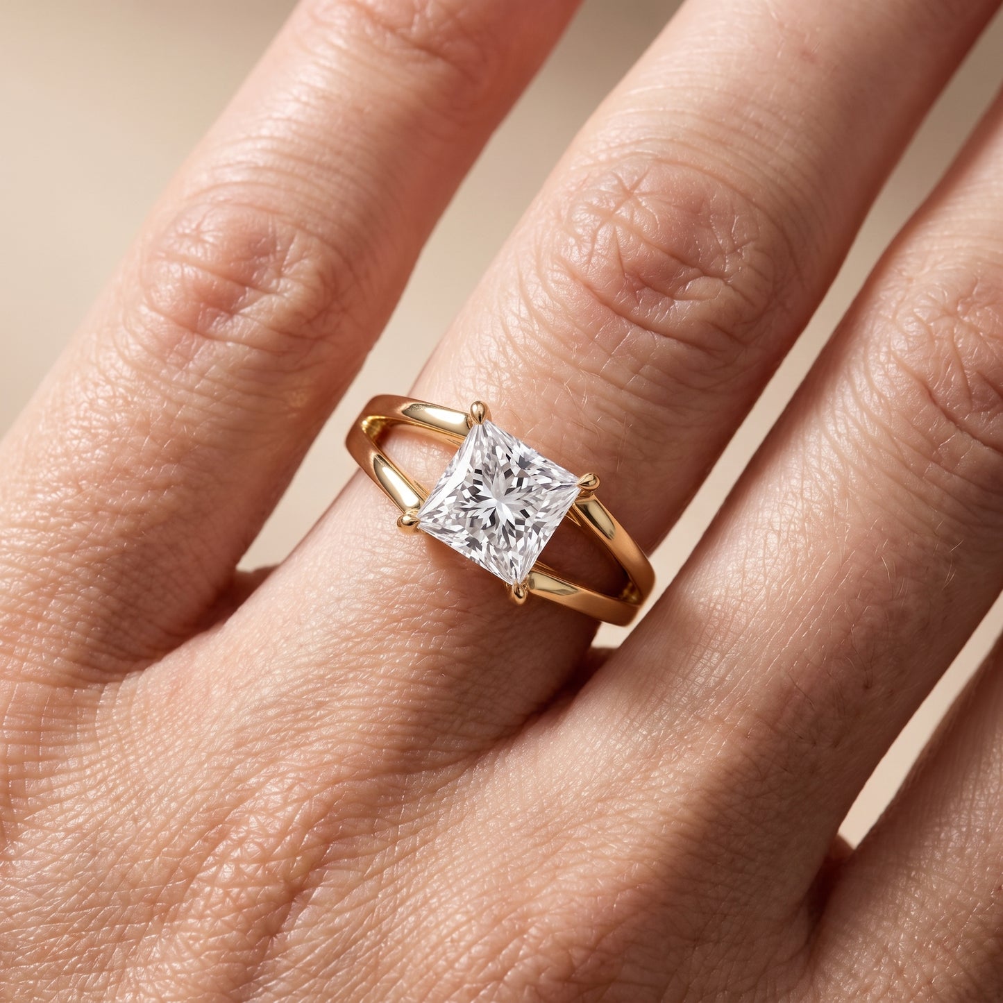 Giselle Solitaire Split Shank Princess Diamond Engagement Ring in Yellow Gold - lifestyle.jpg