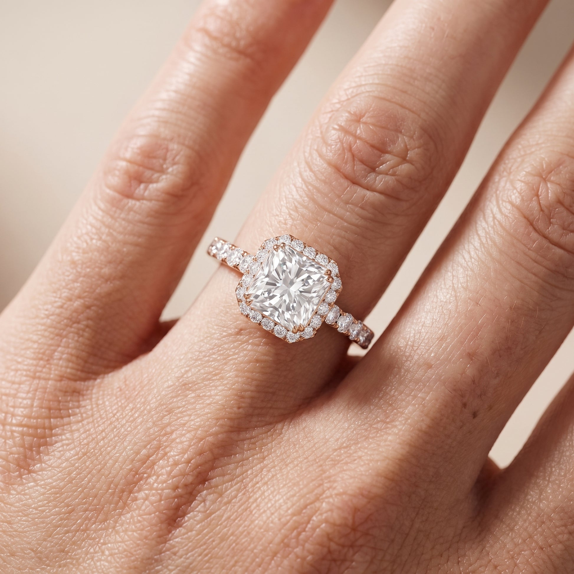 Chloe Halo Pavé Radiant Diamond Ring in Rose Gold - lifestyle.jpg