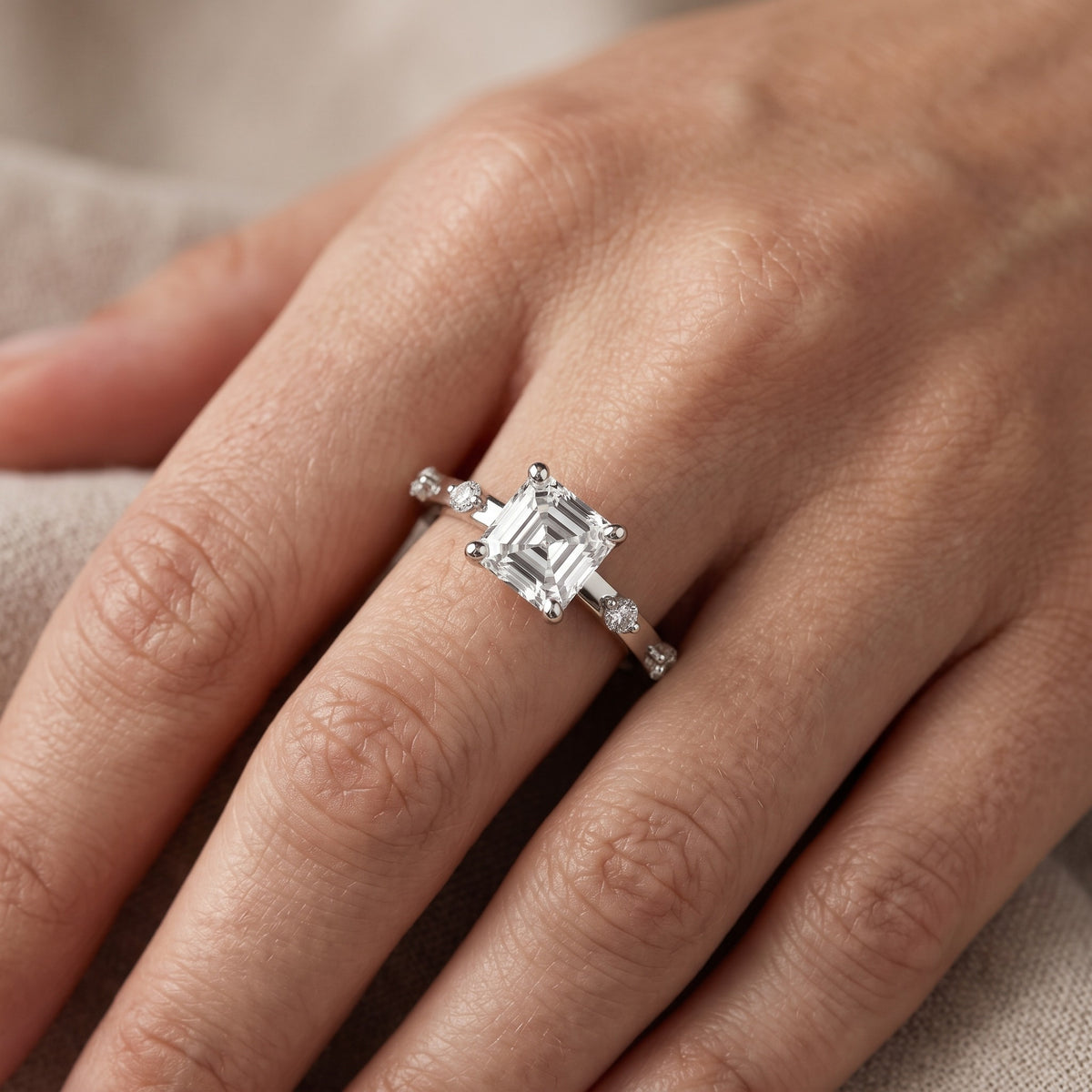 Elena Radiance Solitaire Asscher Diamond Engagement Ring in White Gold - lifestyle.jpg