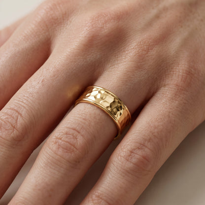 Paige Hammered Step Edge Wedding Band in Yellow Gold - lifestyle.jpg