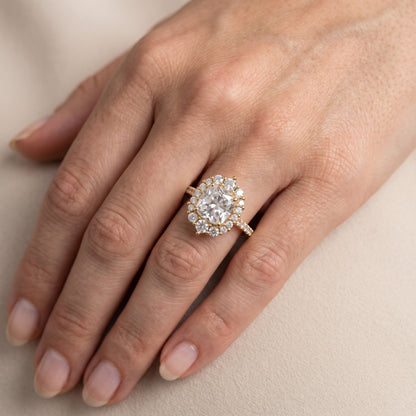 Rowena Graduated Halo Cushion Diamond Engagement Ring in Yellow Gold - lifestyle.jpg