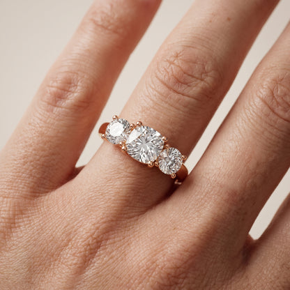 Callie Three-Stone Trellis Cushion Diamond Ring in Rose Gold - lifestyle.jpg
