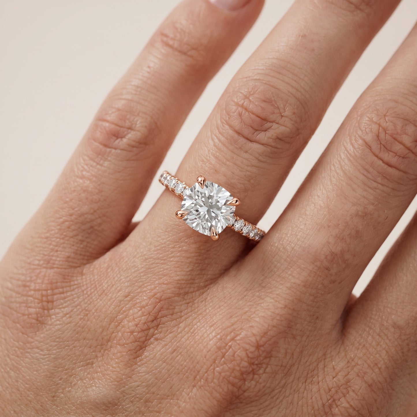 Maya Hidden Halo Pavé Cushion Diamond Engagement Ring in Rose Gold - lifestyle.jpg