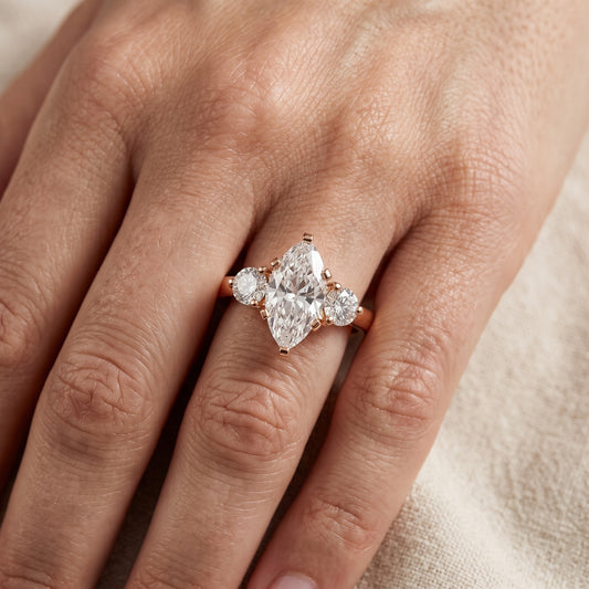 Freesia Three-Stone Marquise Diamond Engagement Ring in Rose Gold - lifestyle.jpg