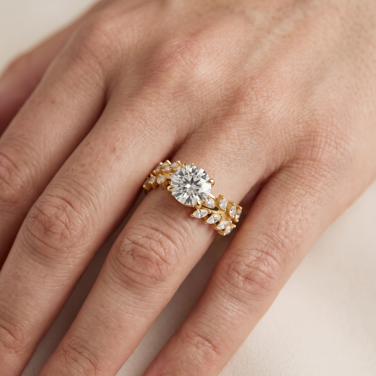 Beulah Leaf Garland Round Diamond Engagement Ring in White Gold - lifestyle.jpg