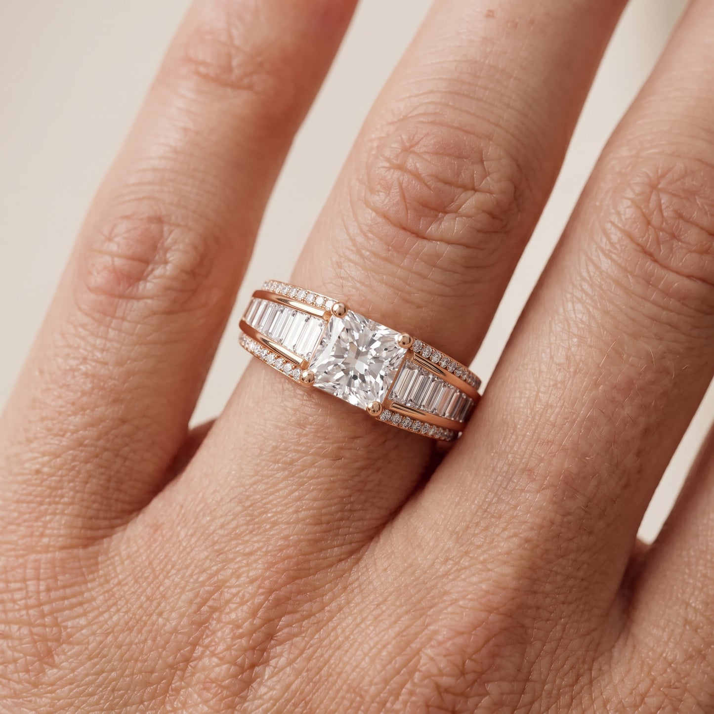 Halle Channel Set Baguette Accent Radiant Diamond Engagement Ring in Rose Gold - lifestyle.jpg