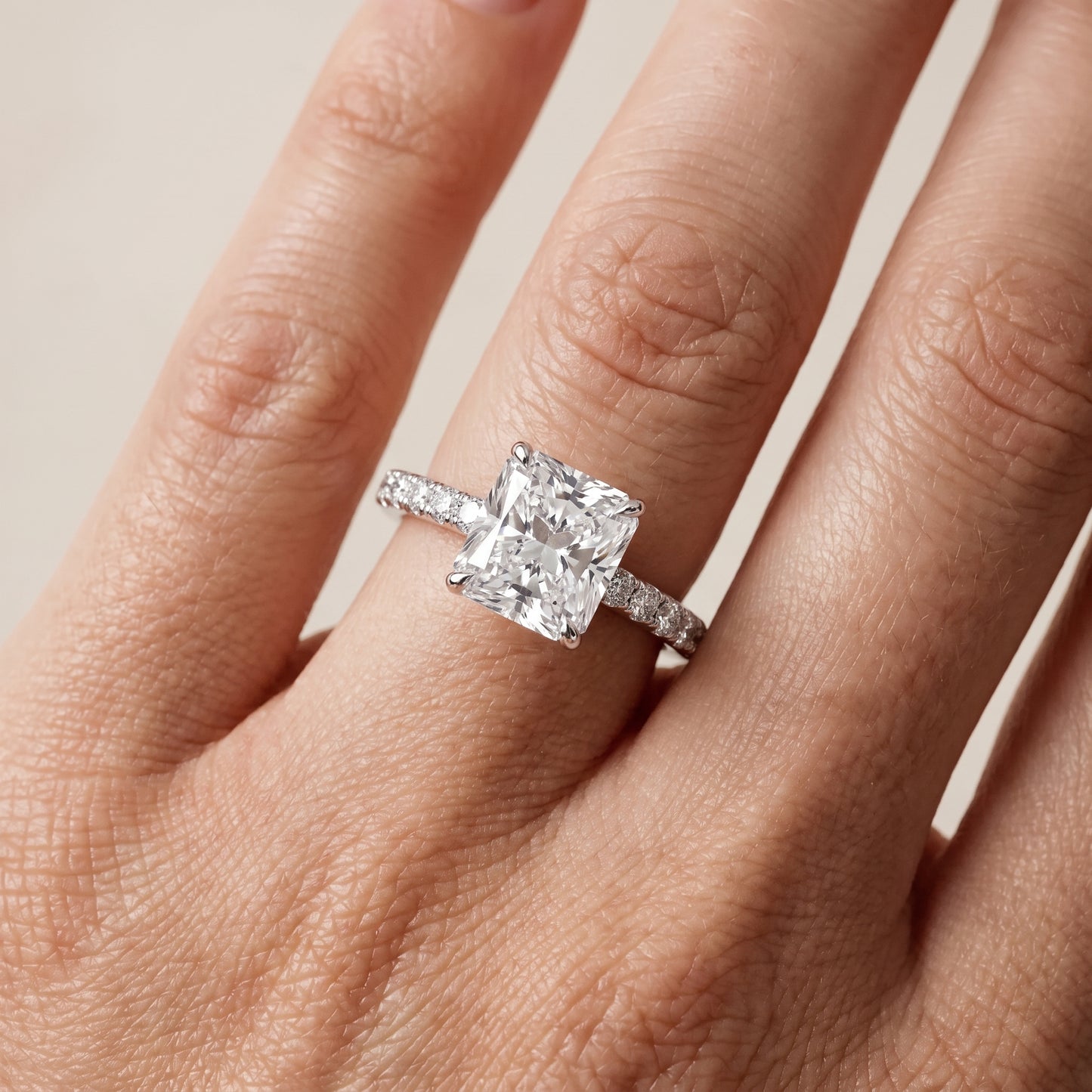 Gia Hidden Halo Pavé Radiant Diamond Ring in Silver - lifestyle.jpg