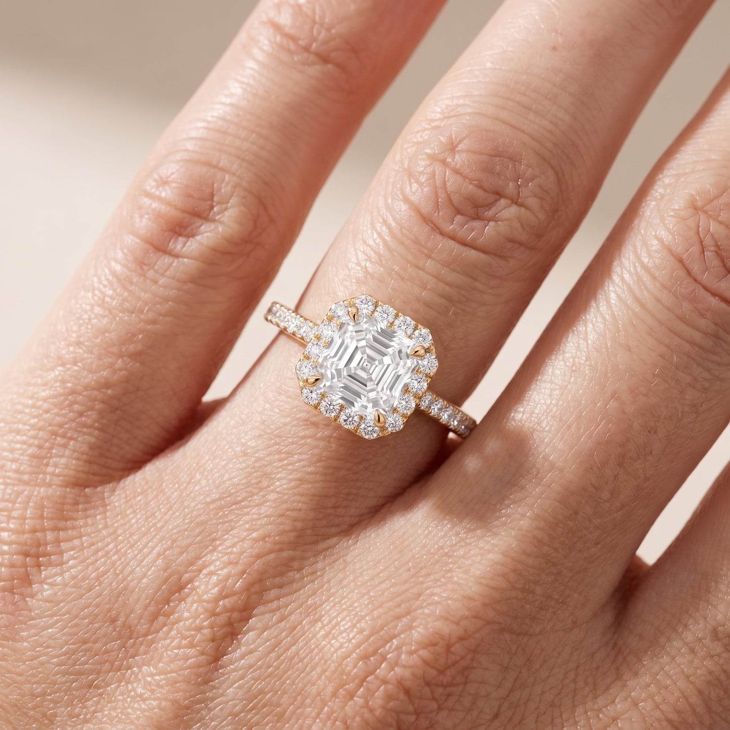 Alma Halo Pavé Asscher Diamond Ring in Yellow Gold - lifestyle.jpg