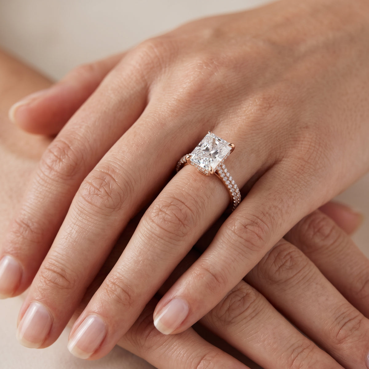 Elisa Hidden Halo Pavé Radiant Diamond Engagement Ring in Rose Gold - lifestyle.jpg