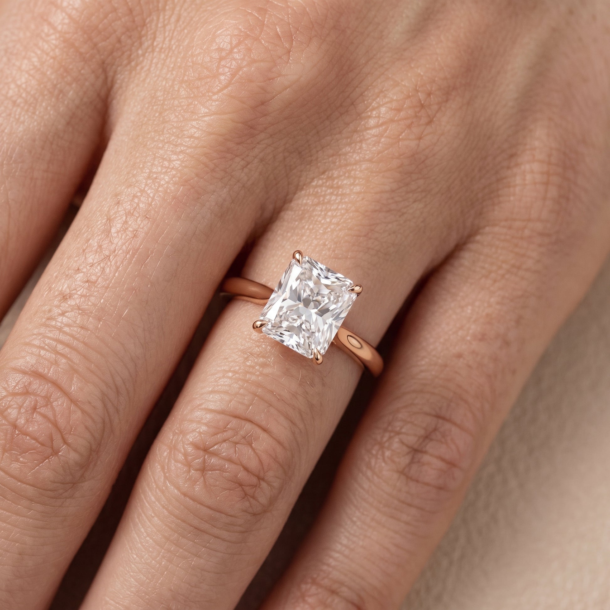 Evie Solitaire Six-Prong Radiant Diamond Engagement Ring in Rose Gold - lifestyle.jpg