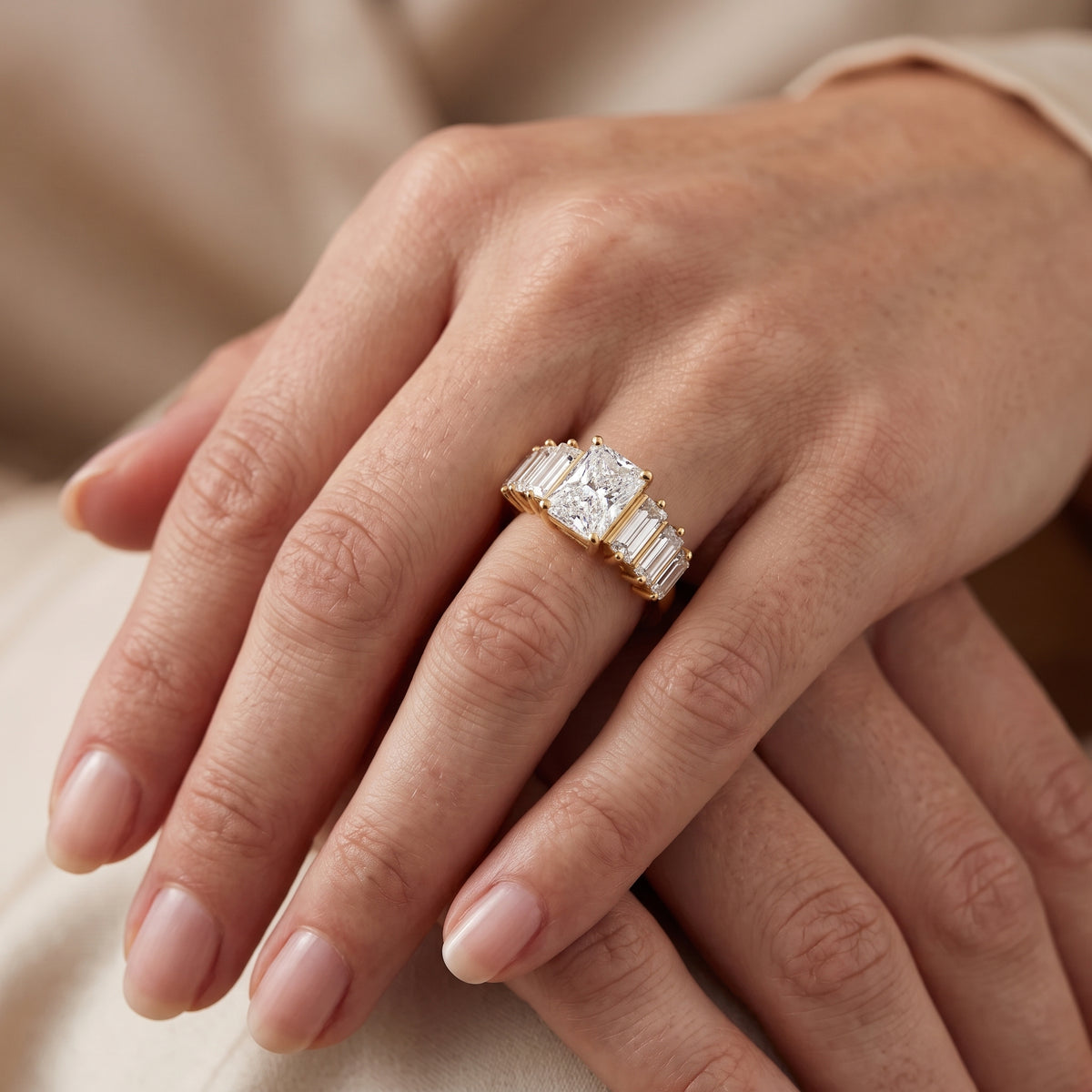 Mara Sidestone Baguette Accent Radiant Diamond Engagement Ring in Yellow Gold - lifestyle.jpg
