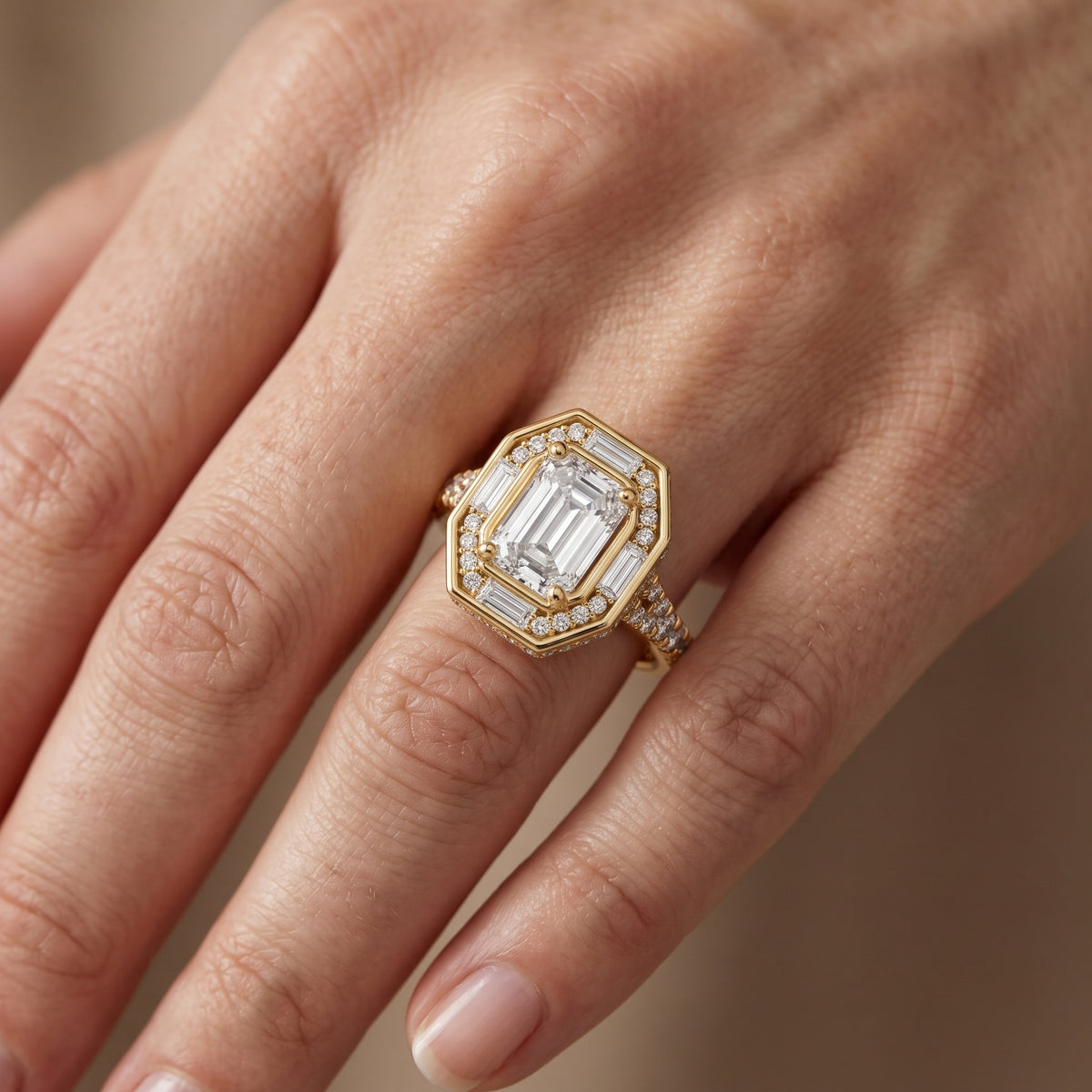 Berea Deco Halo Emerald Diamond Engagement Ring in Rose Gold - lifestyle.jpg