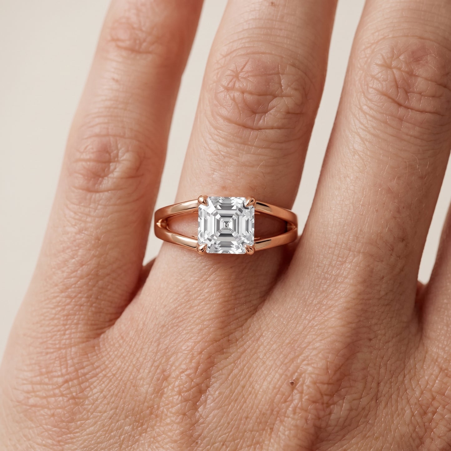 Giselle Solitaire Split Shank Asscher Diamond Engagement Ring in Rose Gold - lifestyle.jpg