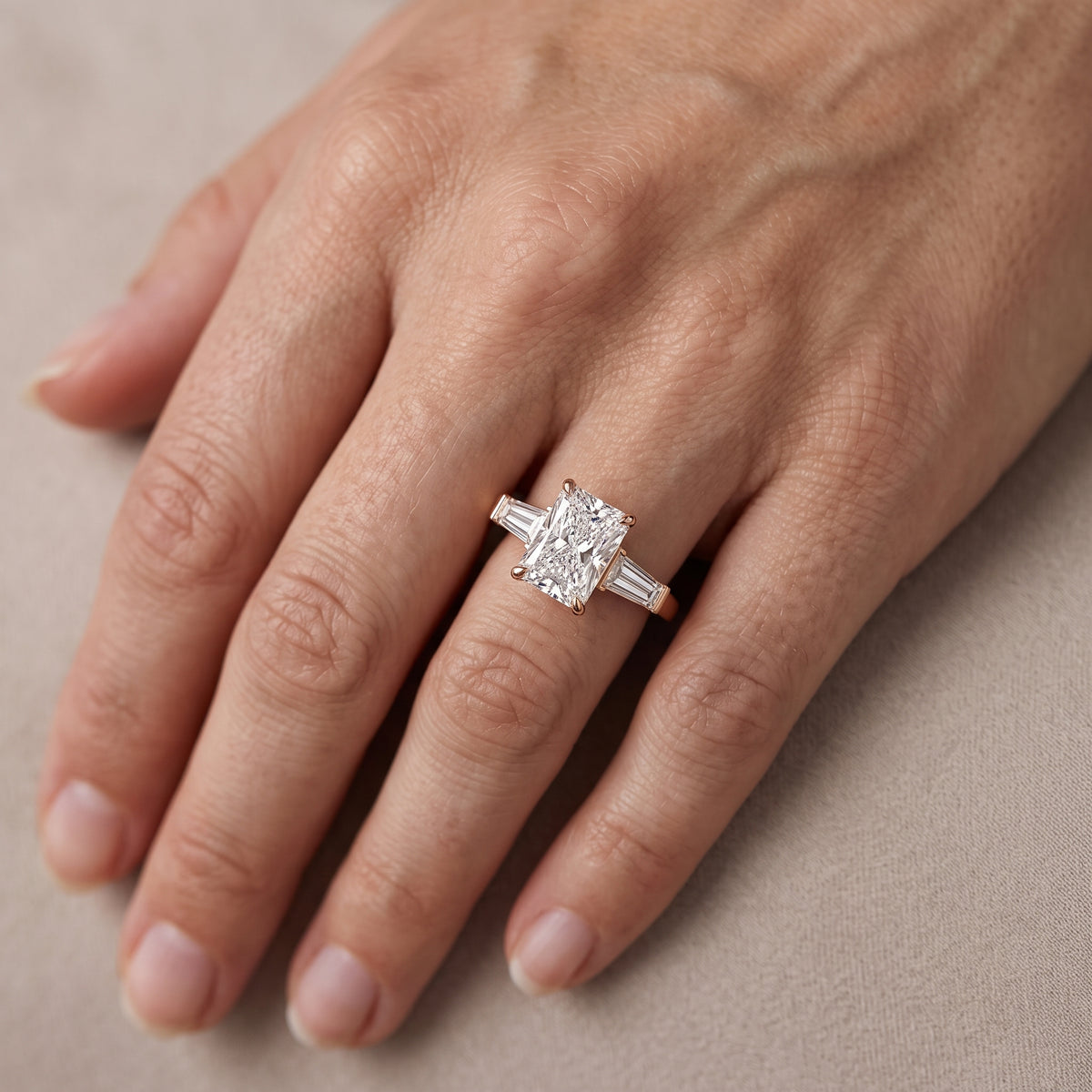 Eloise Tapered Baguette Radiant Diamond Engagement Ring in Rose Gold - lifestyle.jpg
