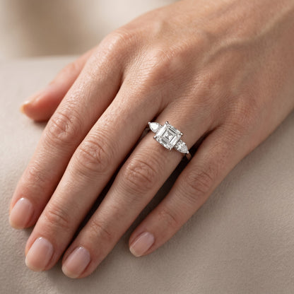 Grace Three Stone Asscher Diamond Engagement Ring in White Gold - lifestyle.jpg