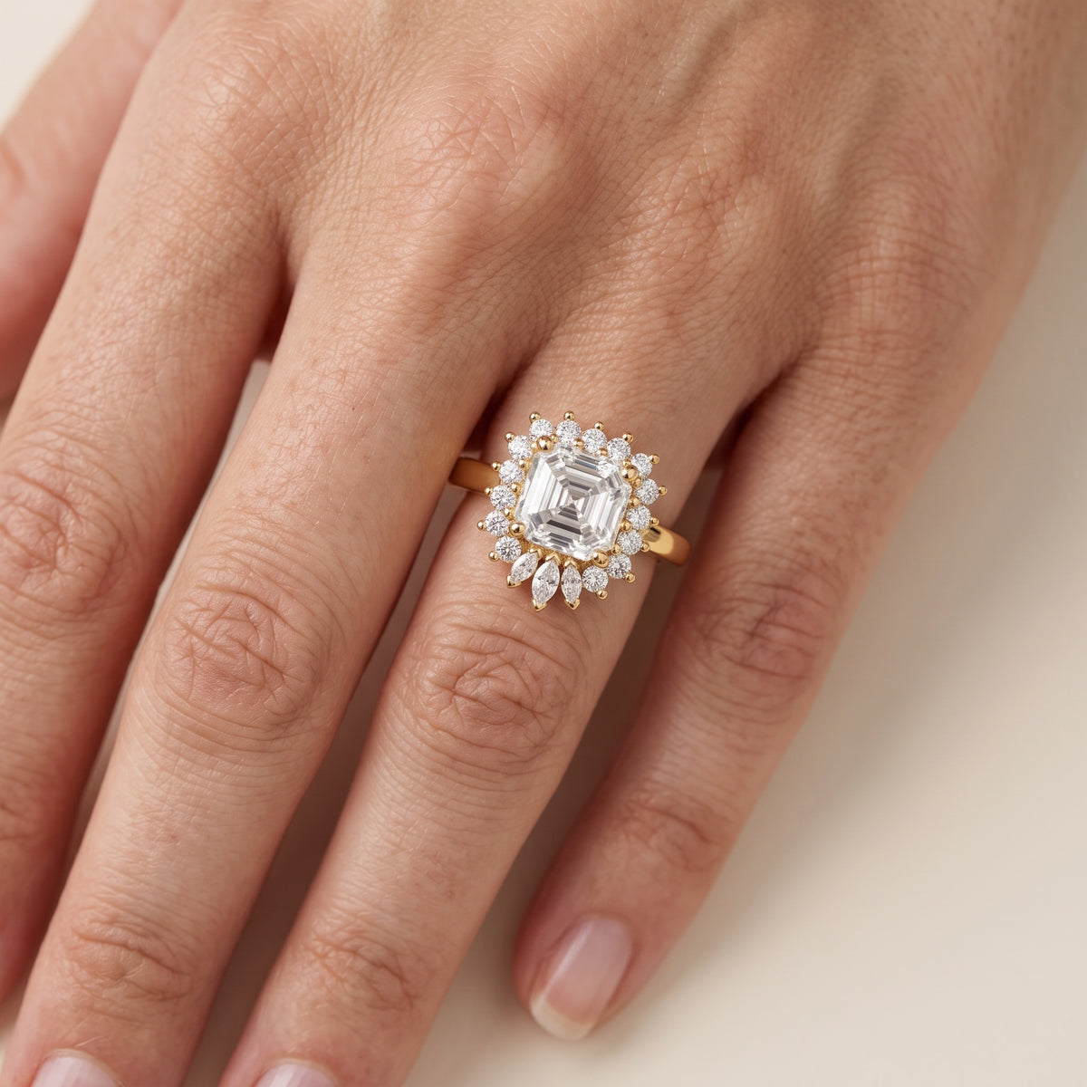 Roslyn Sunburst Halo Asscher Diamond Engagement Ring in Rose Gold - lifestyle.jpg