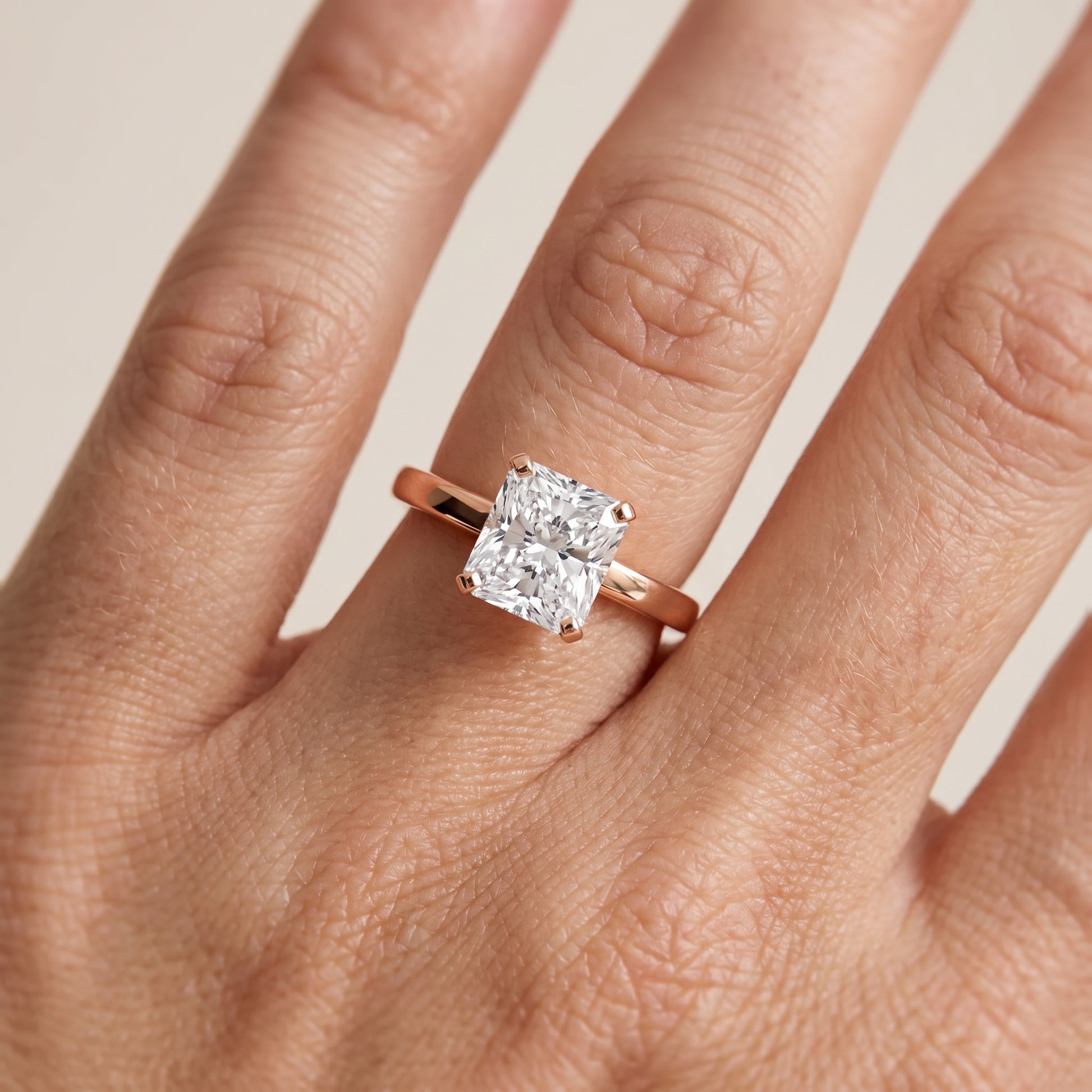 Liana Solitaire Claw Prong Radiant Diamond Engagement Ring in Rose Gold - lifestyle.jpg