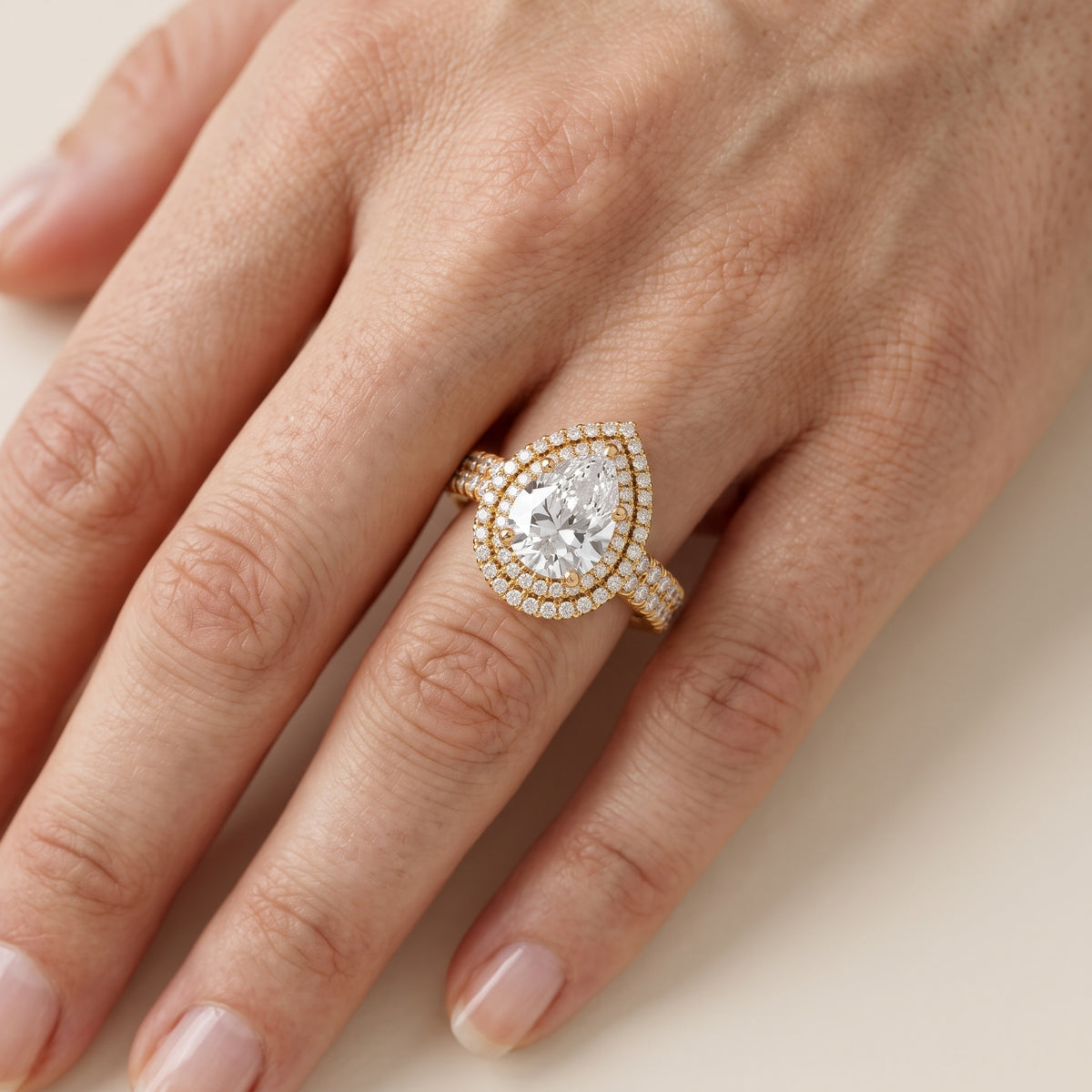 Lenox Double Halo Pavé Pear Diamond Engagement Ring in Platinum - lifestyle.jpg