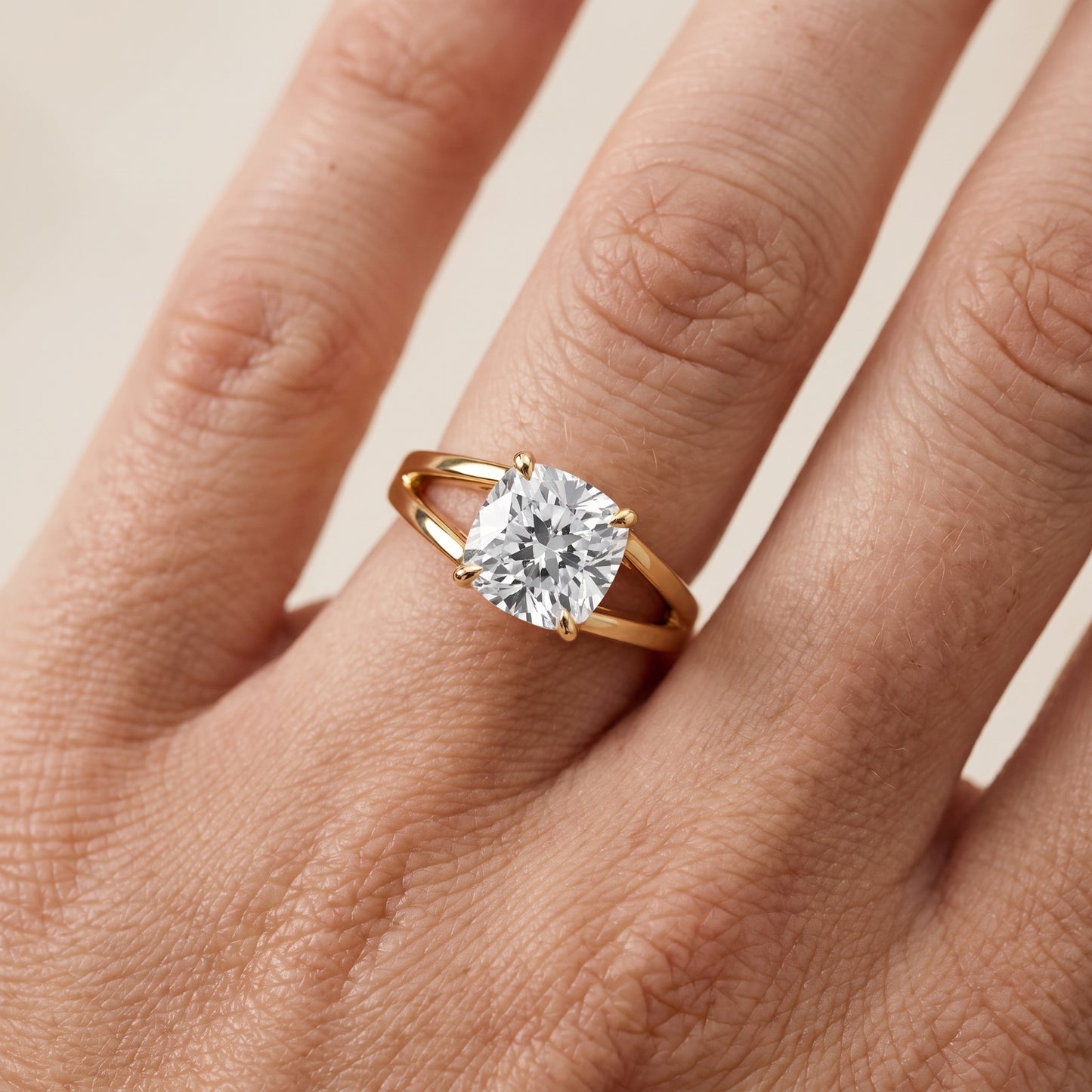 Giselle Solitaire Split Shank Cushion Diamond Engagement Ring in Yellow Gold - lifestyle.jpg
