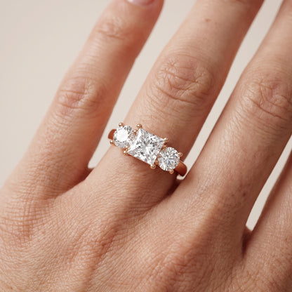 Callie Three-Stone Trellis Princess Diamond Engagement Ring in Rose Gold - lifestyle.jpg
