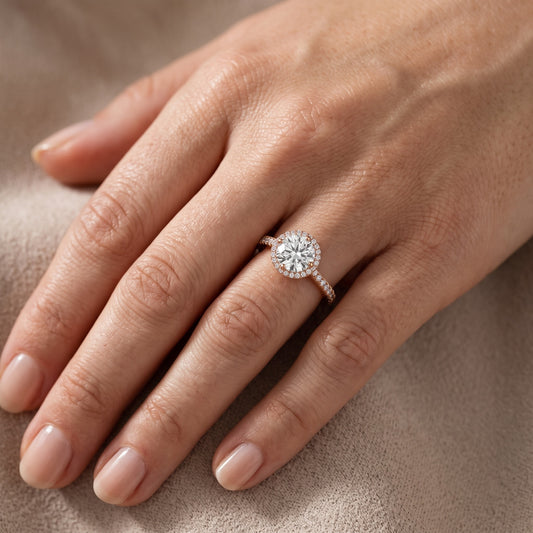 Rosemary Halo Pavé Round Diamond Engagement Ring in Rose Gold - lifestyle.jpg